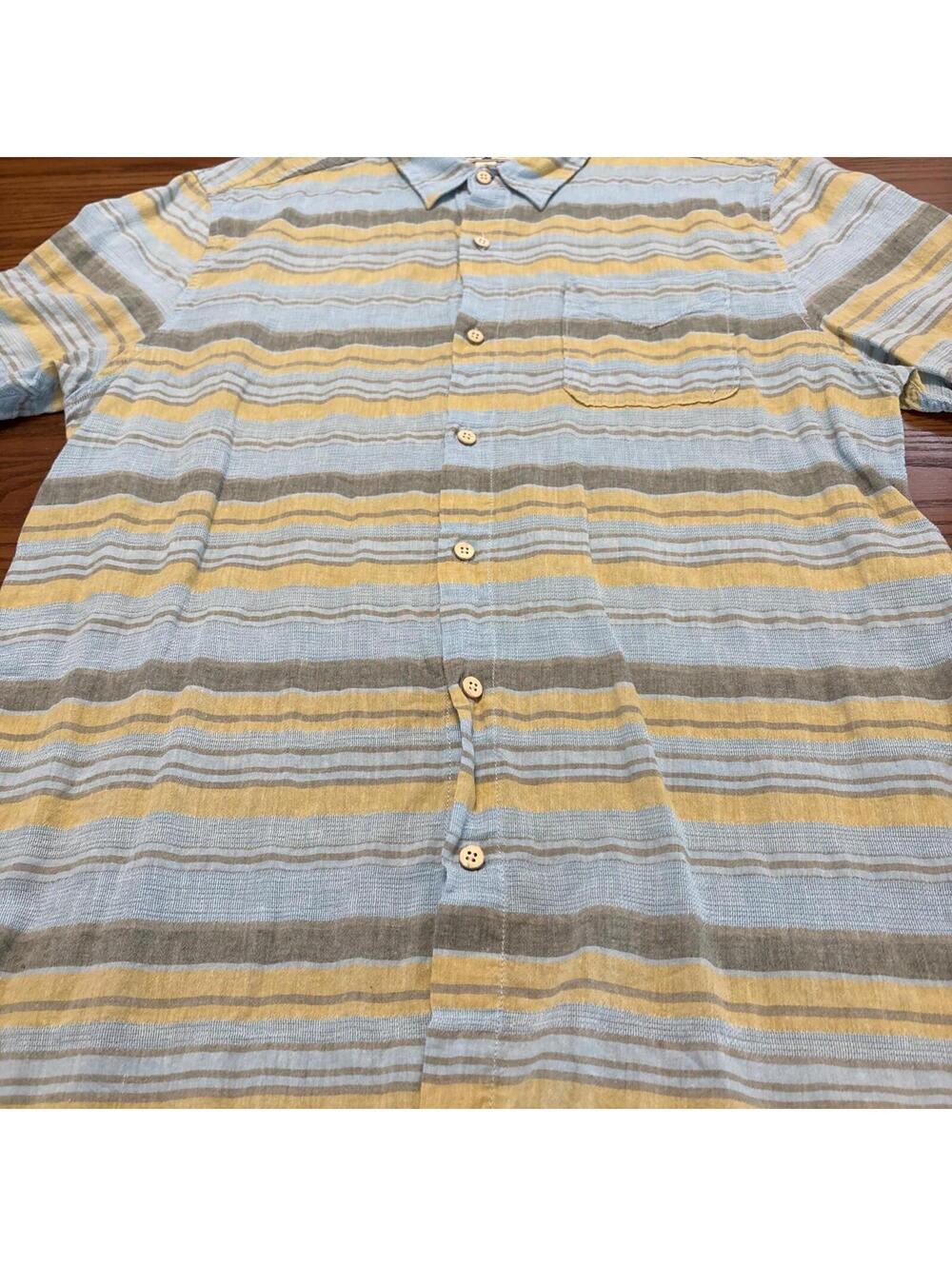 True Grit Men's Size M Short Sleeve Button Down Shirt Striped Blue Yellow Slub - Picture 3 of 9